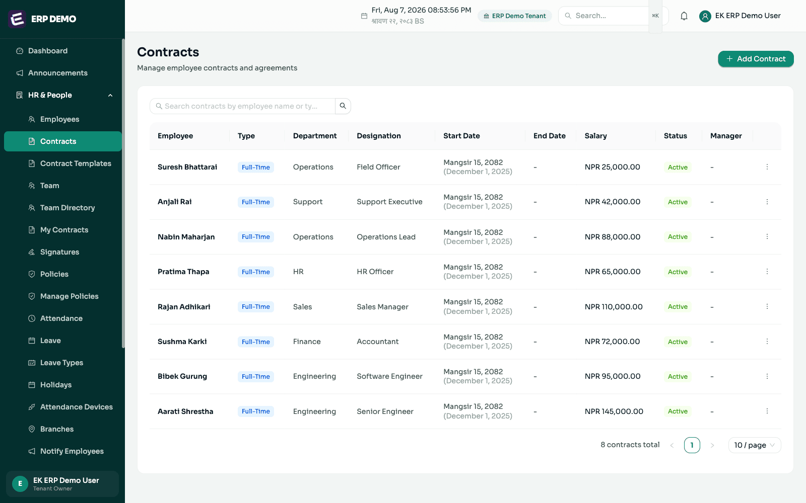 EK ERP contracts list showing employees with NPR salaries, departments and dual Bikram Sambat and AD start dates