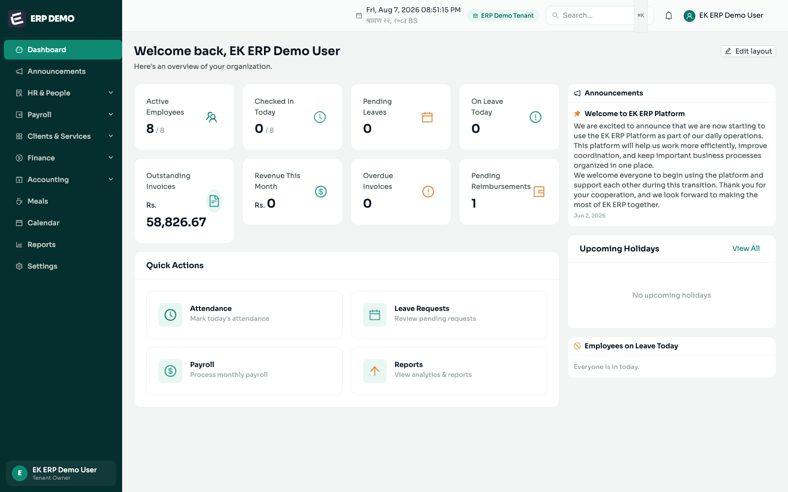 The EK ERP dashboard showing active employees, outstanding invoices in NPR, and today's date in both AD and Bikram Sambat