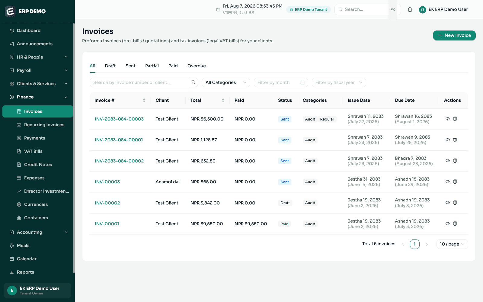 EK ERP invoice list showing NPR totals, fiscal-year invoice numbers and dual-calendar issue and due dates